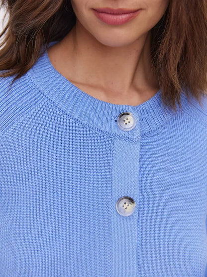 Lyra Cardigan by Lauven - Soft blue button-up knit showcasing elegant design and modern style.