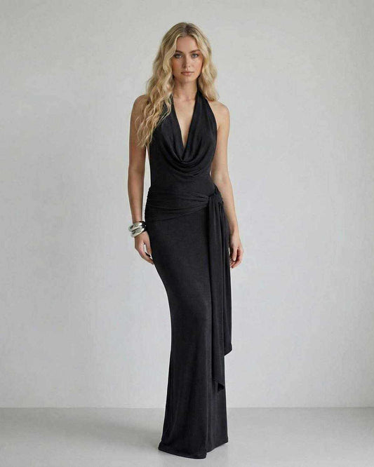 Lyra Maxi Dress by Lauven, Black Halter Neck with Draped Silhouette, Elegant Floor-Length Design.