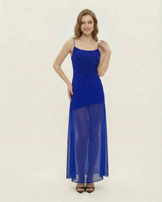 Lauven Lyra Maxi Dress featuring sheer mesh A-line design with glitter accents in rich blue.