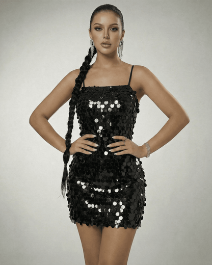 Lyra Mini Dress by Lauven - Elegant black sequin mini dress featuring a sleeveless design and modern silhouette.