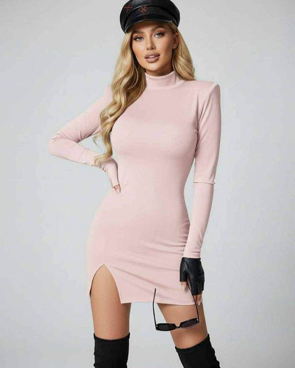 Lyra Mini Dress by Lauven, elegant pink high-neck bodycon dress with structured shoulder pads and side slit.