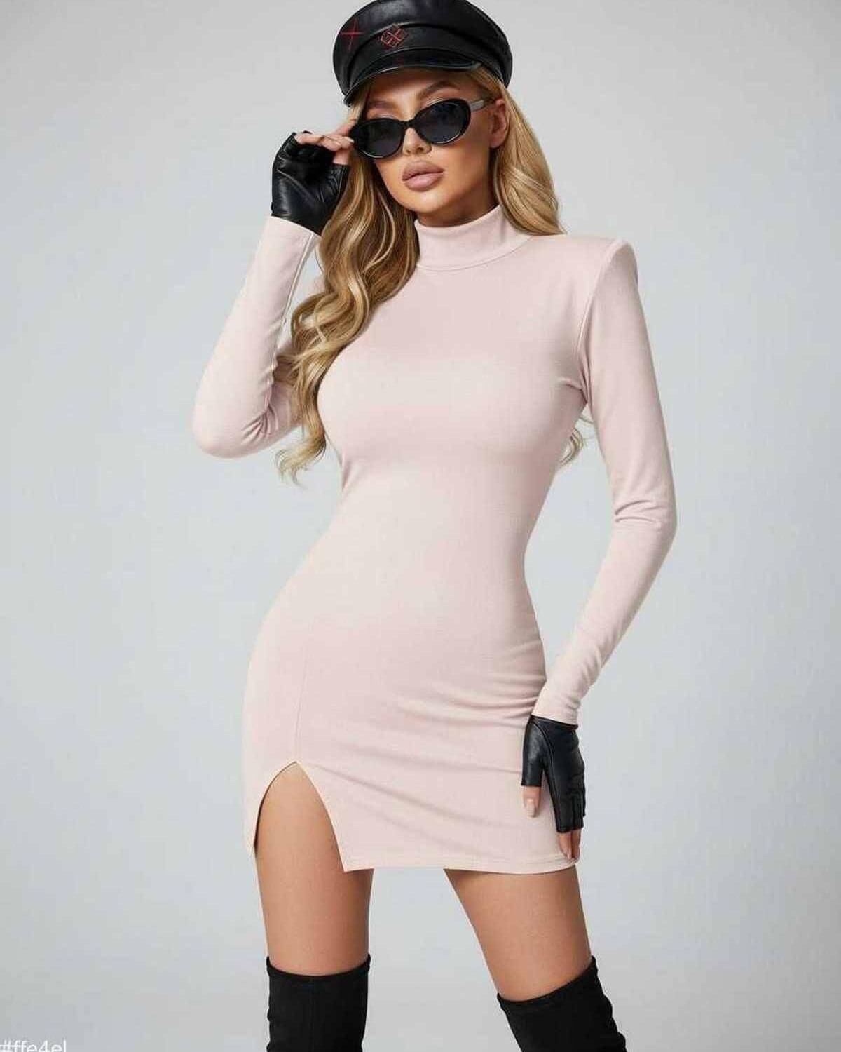 Lyra Mini Dress by Lauven in elegant pink, featuring high-neck, long sleeves, and side slit for a modern look.