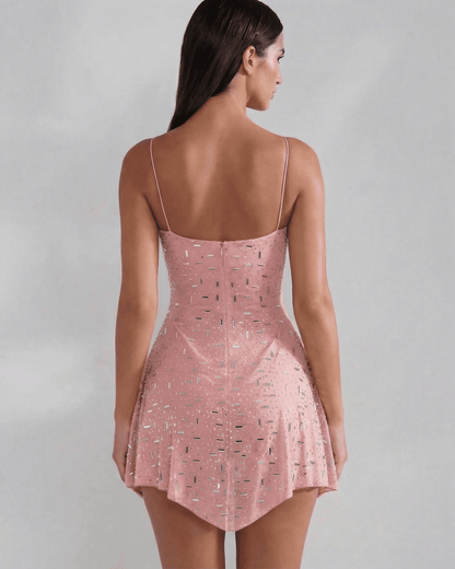 Back view of the Lyra Mini Dress by Lauven featuring a square neck and sparkling blush fabric.
