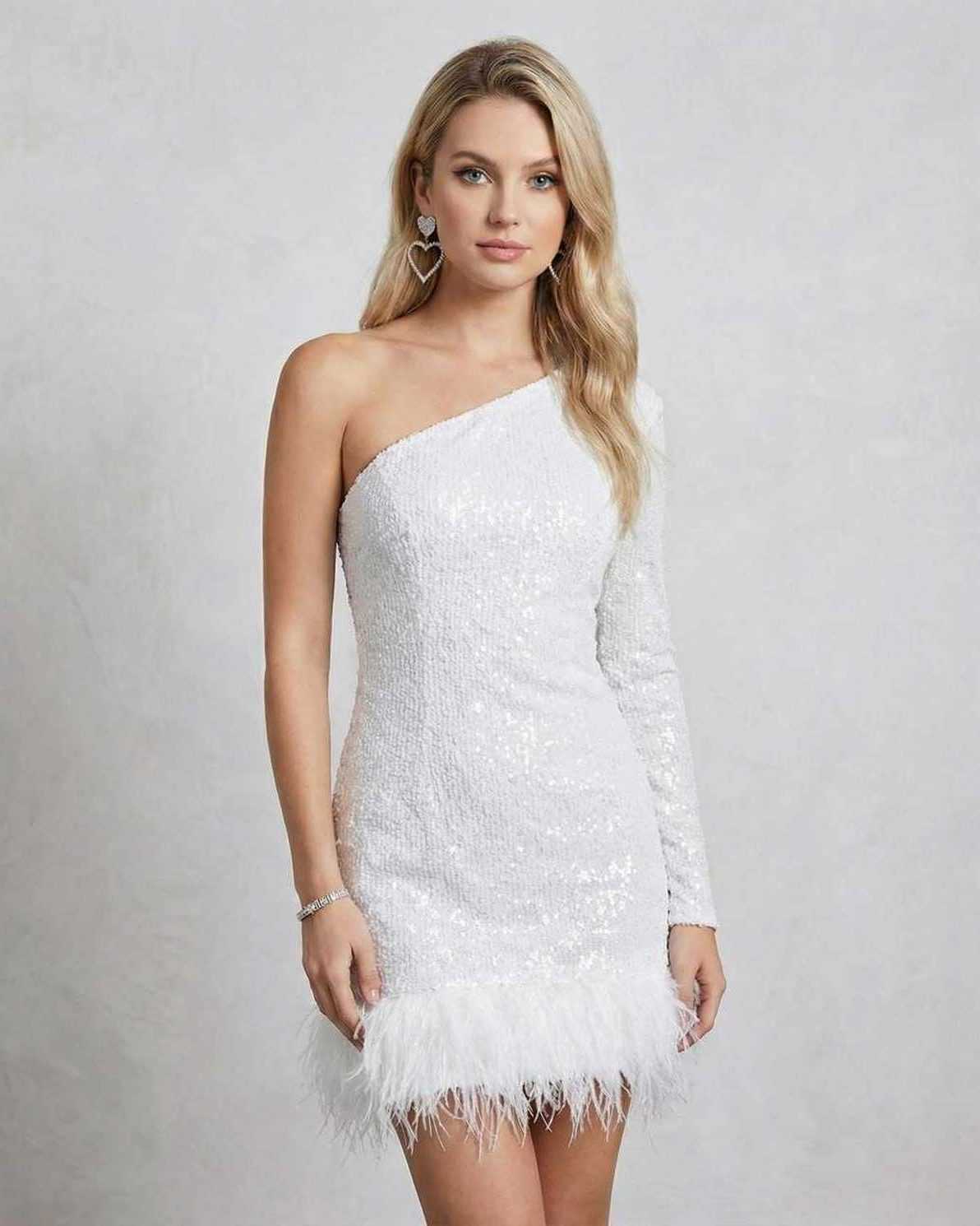 Lyra Mini Dress by Lauven - Elegant one-shoulder sequin mini dress with feather hem in white.