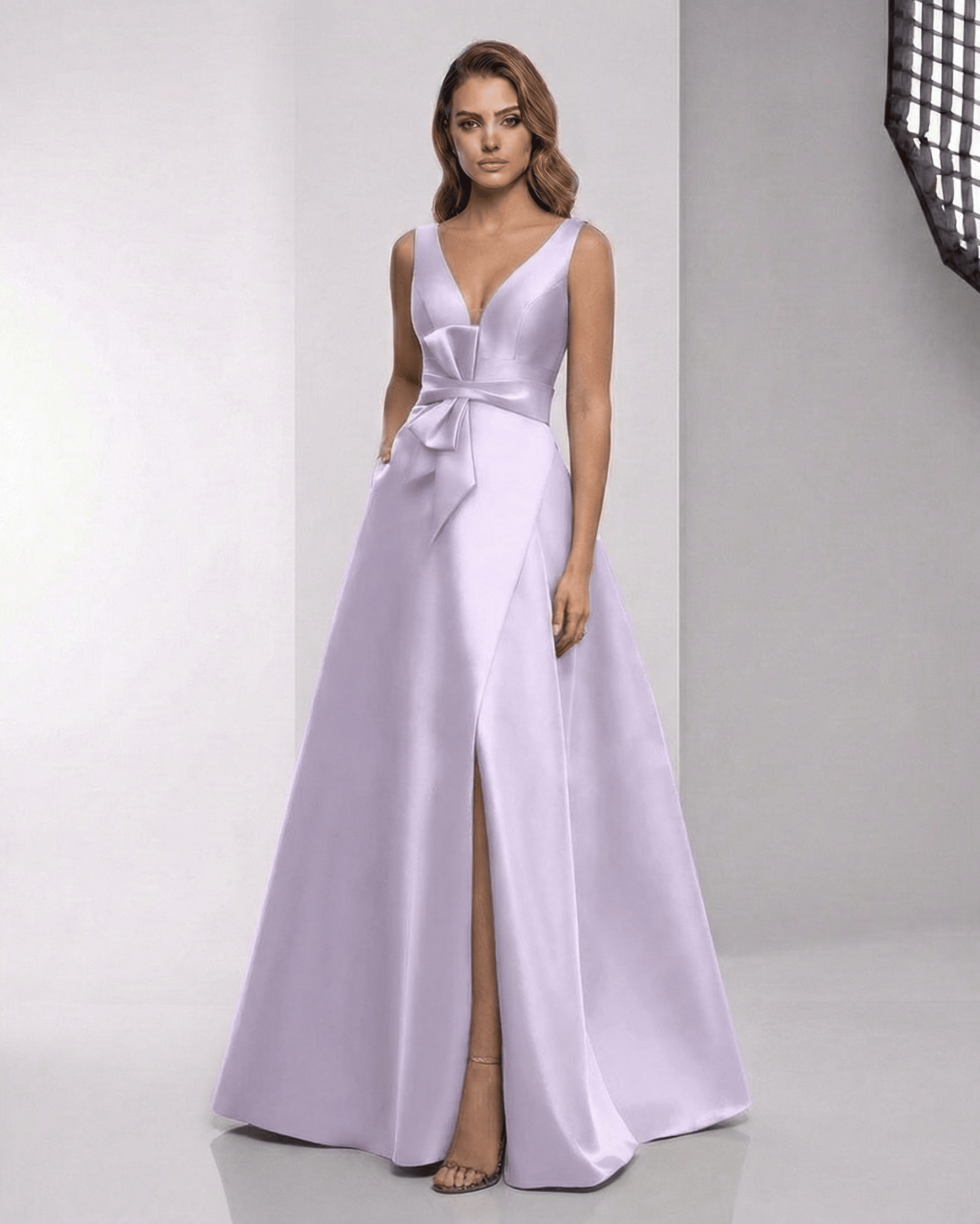Lyrielle Maxi Dress in lavender satin, A-line V-neck, elegant floor-length gown by Lauven, perfect for evening events.