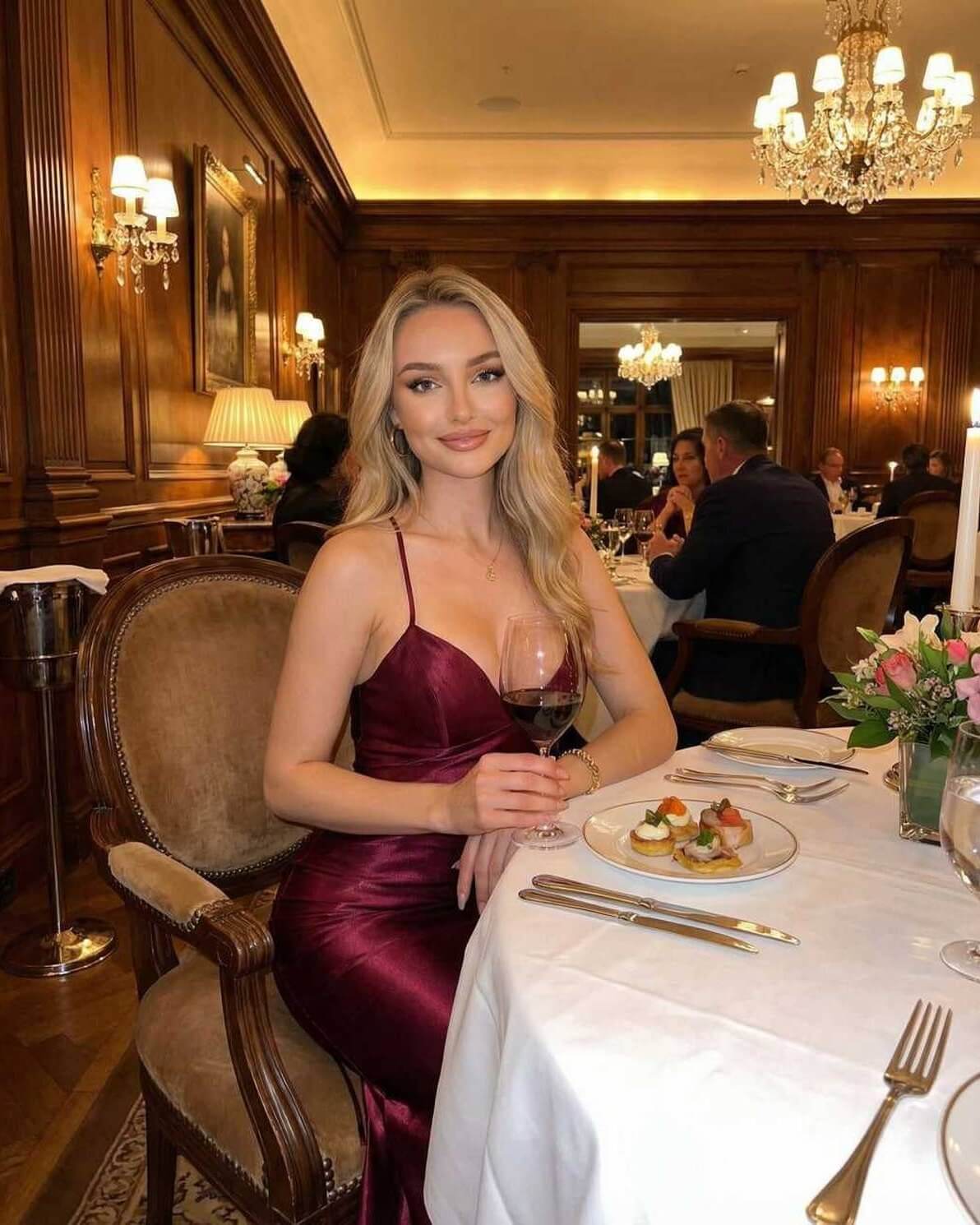Marcelline Maxi Dress worn in a luxurious restaurant setting, featuring a burgundy satin evening gown with spaghetti straps.