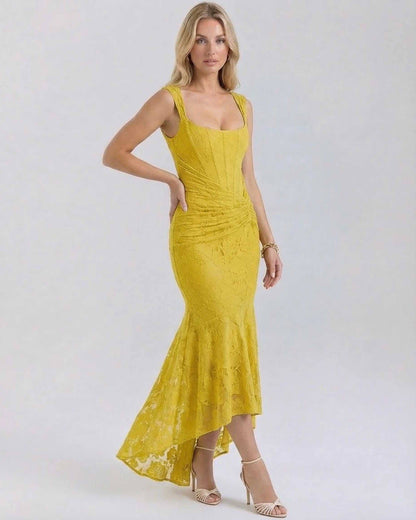 Marigold Maxi Dress by Lauven in vibrant yellow with square neckline and fish tail hemline.