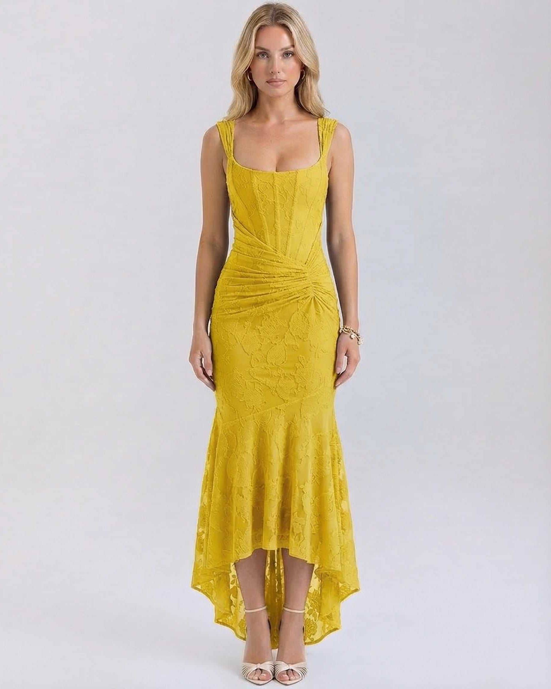 Marigold Maxi Dress by Lauven features square neckline and pleated details in vibrant yellow.