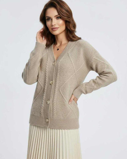 Marin Cardigan by Lauven in beige, featuring a button-down front and V-neckline for stylish warmth.