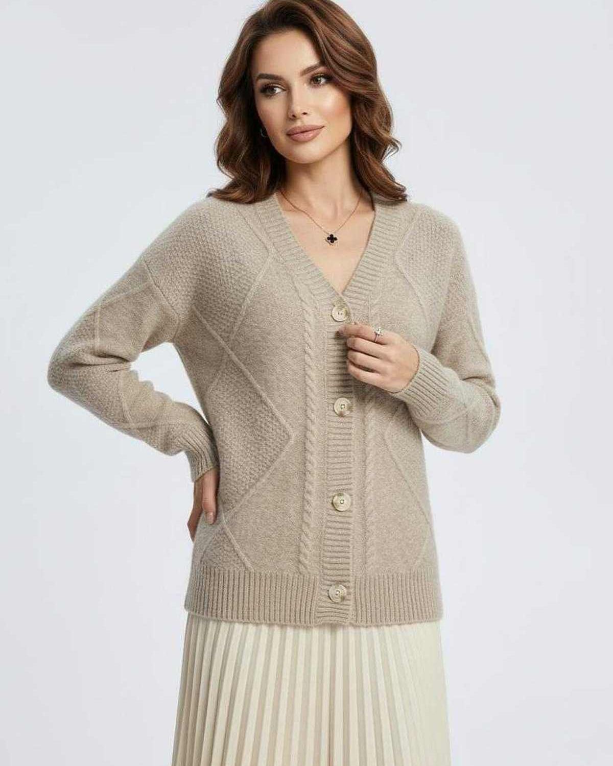 Lauven Marin Cardigan - Cozy knitwear with button-down front and v-neckline in beige color.