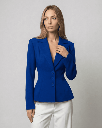 Marina Blazer by Lauven, a fitted blue blazer with a V-neck and tailored silhouette for elegant workwear.