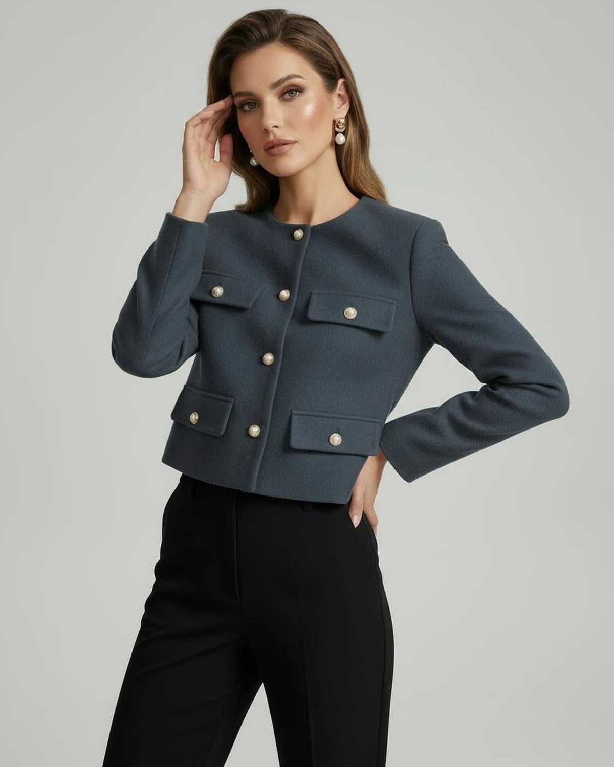 Lauven Marina Jacket in slate blue with gold buttons, stylish cropped design for women's fashion.
