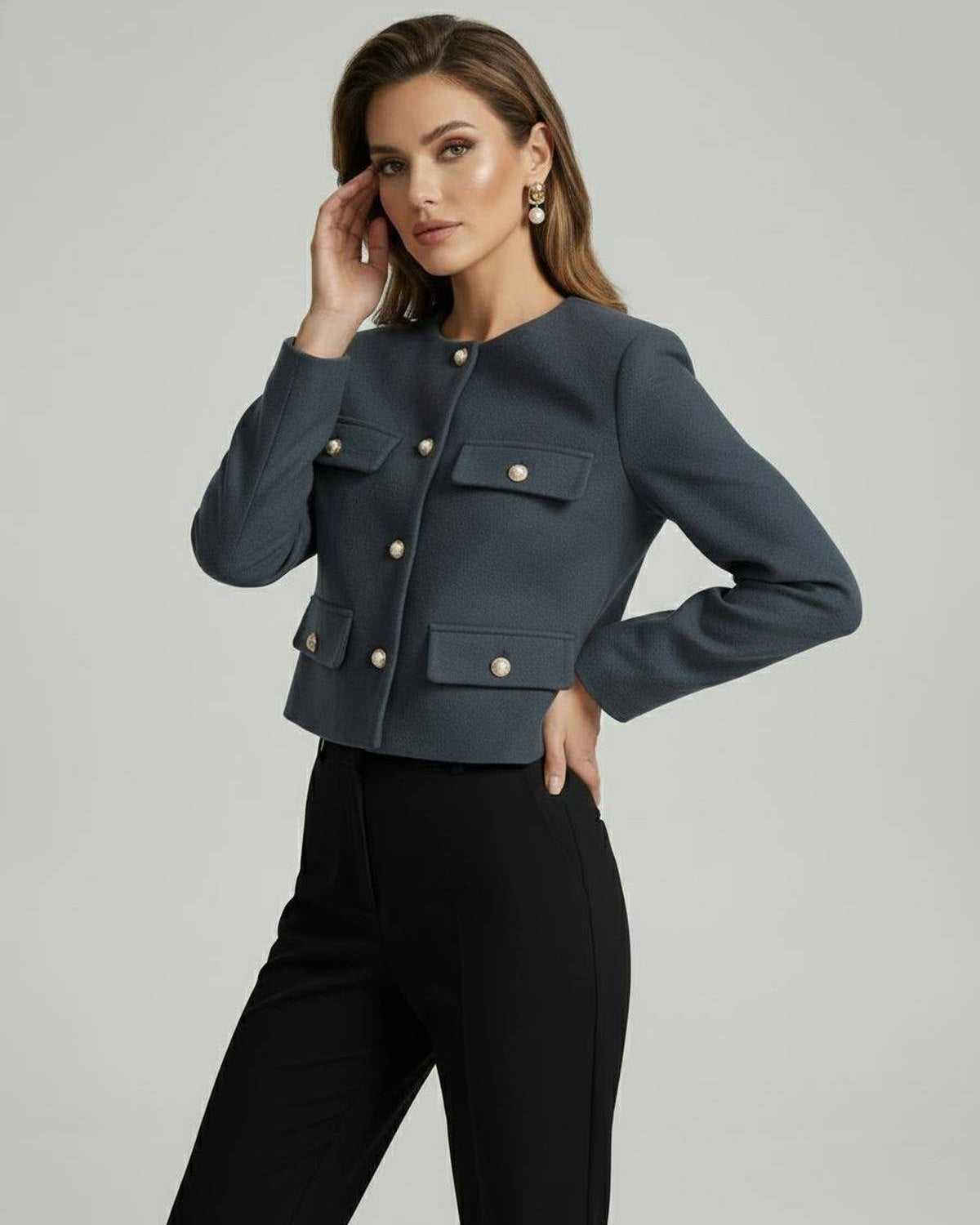 Marina Jacket by Lauven, elegant wool blend jacket in slate blue with gold button details, cropped silhouette.
