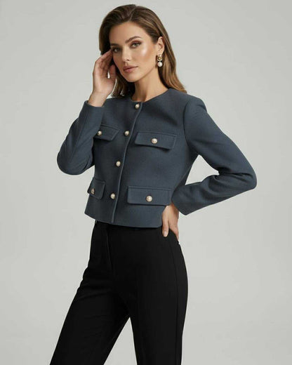 Marina Jacket by Lauven, elegant wool blend jacket in slate blue with gold button details, cropped silhouette.