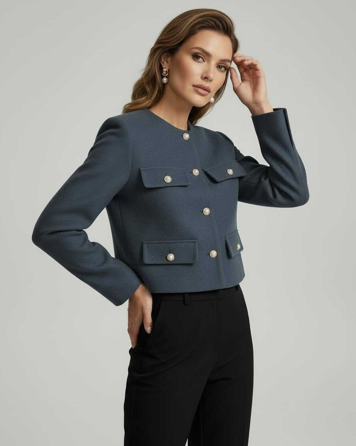 Marina Jacket by Lauven, elegant wool blend jacket in slate blue with gold button details, tailored fit.
