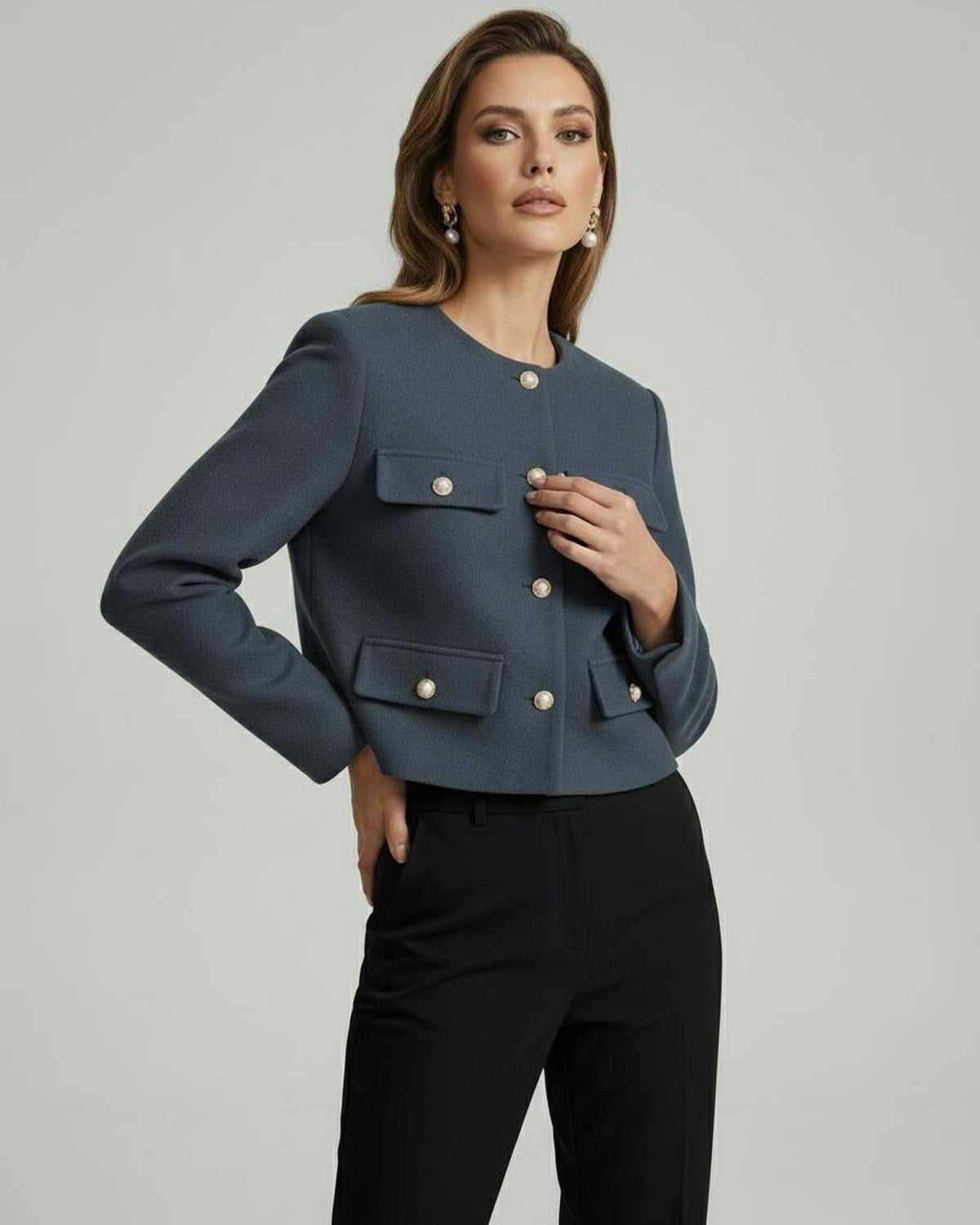 Marina Jacket by Lauven, elegant wool blend jacket in slate blue with gold button details and cropped silhouette.