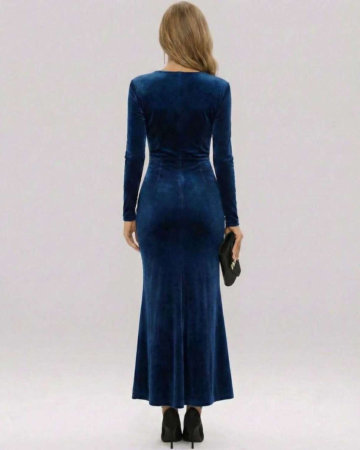 Elegant view of the back of Lauven Marina Maxi Dress in deep navy velvet, showcasing the slim-fit silhouette.