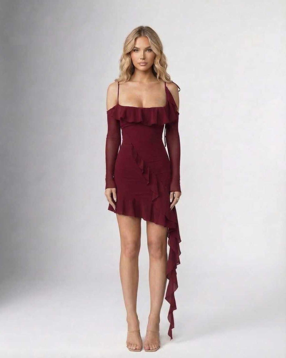 Marina Mini Dress by Lauven featuring ruffled asymmetric hem in burgundy, tailored slim fit for elegant style.