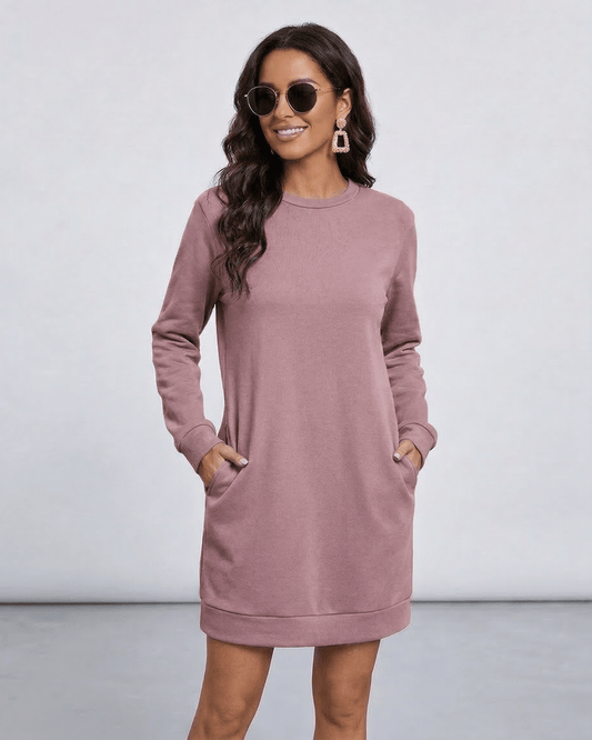 Maris Mini Dress by Lauven in soft mauve with long sleeves and pockets, perfect for casual elegance.