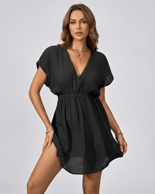 Lauven Marisole Cover Up, black loose dress with V-neckline and short sleeves, 100% polyester, perfect for beach and poolside.