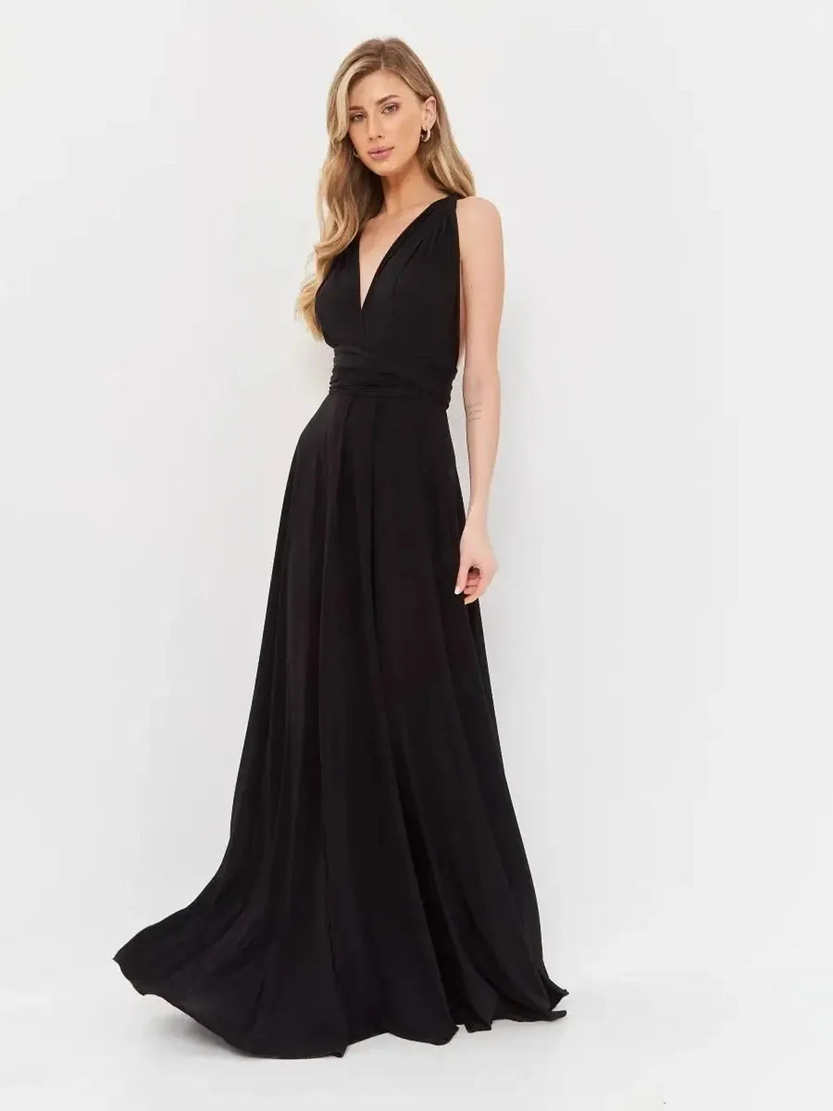Elegant black maxi dress with V-neckline and flowing silhouette, perfect for formal occasions.