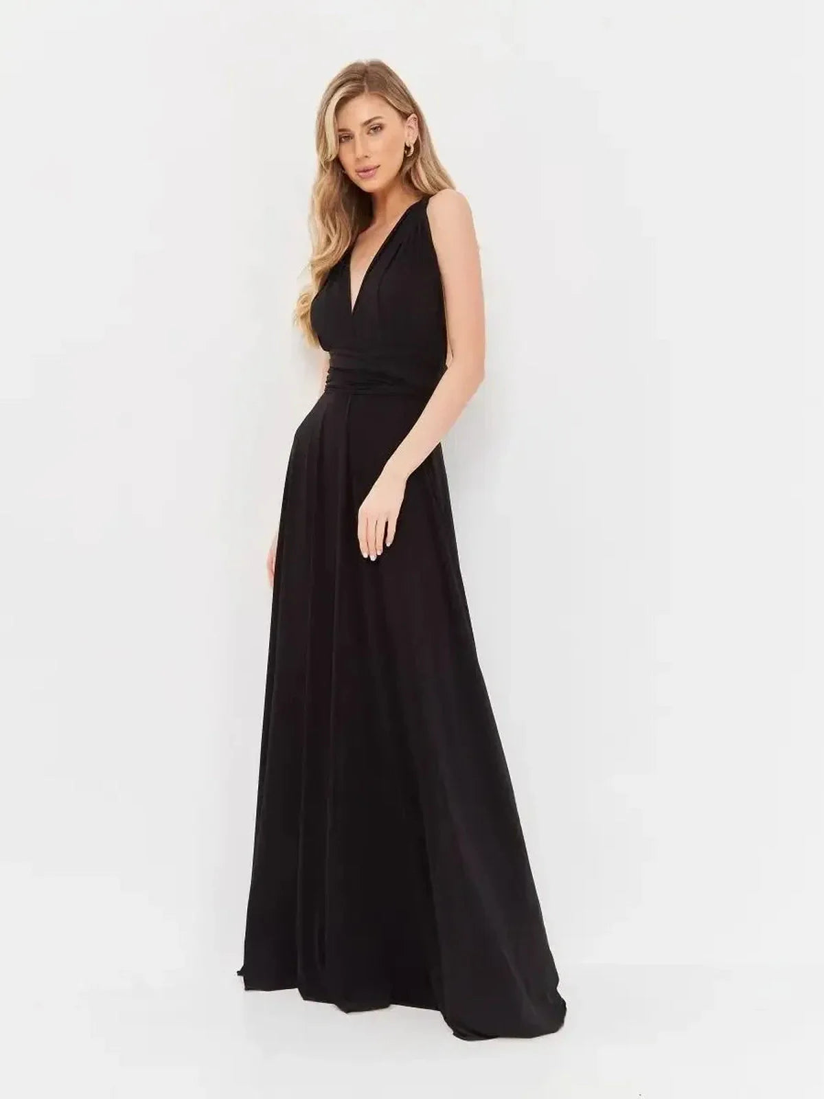 Elegant black maxi dress with a V-neck and flowy silhouette, perfect for formal events and celebrations.