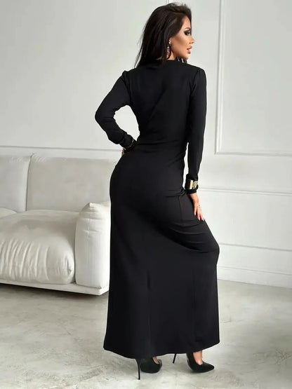 Elegant black Maxi Dress Eclipse featuring long sleeves and a stylish back view, perfect for formal events.