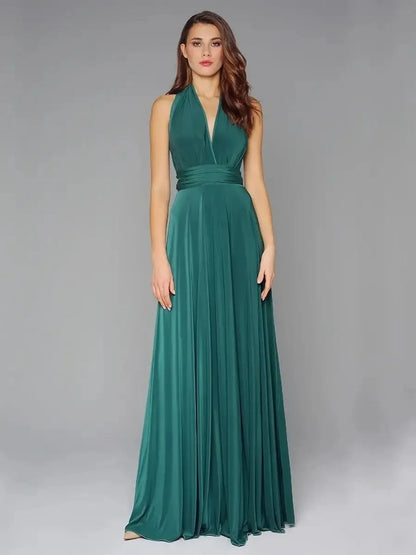 Maxi Dress Empress Drape in dark green, featuring V-neck and flowing silhouette, ideal for formal occasions.