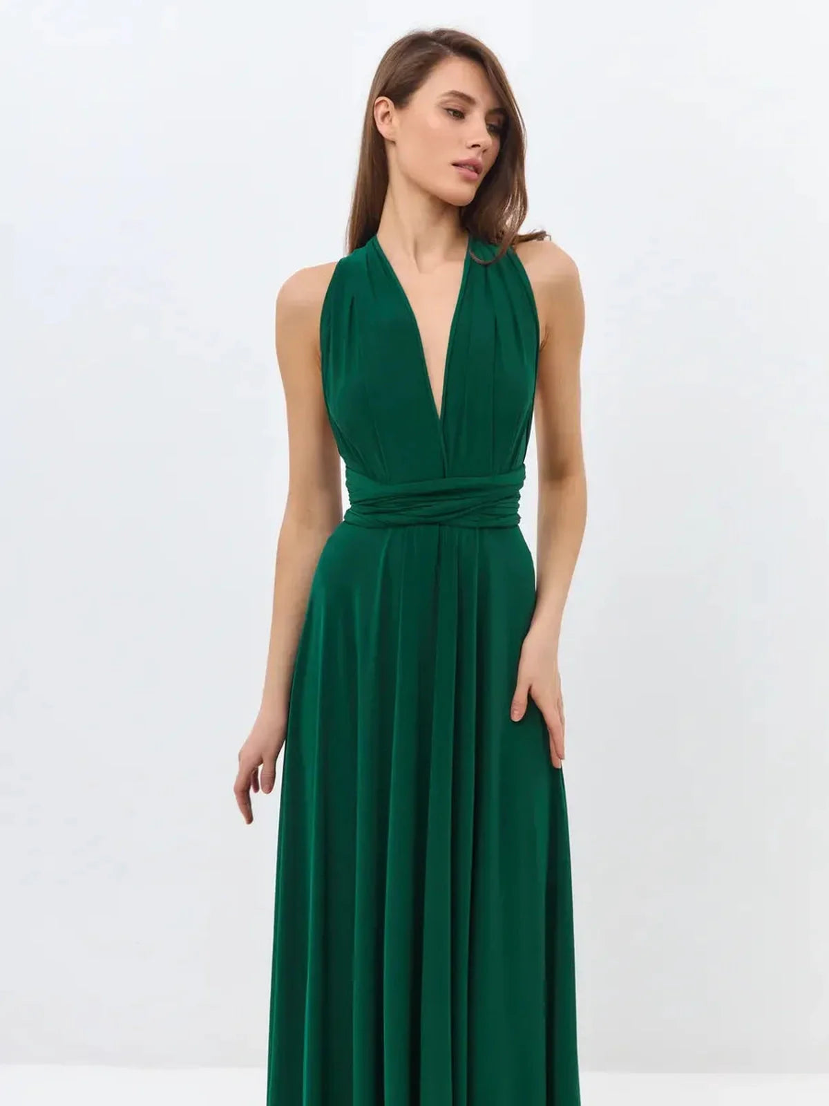 Maxi Dress Empress Drape in dark green, featuring a convertible V-neck and flowing silhouette for elegant occasions.