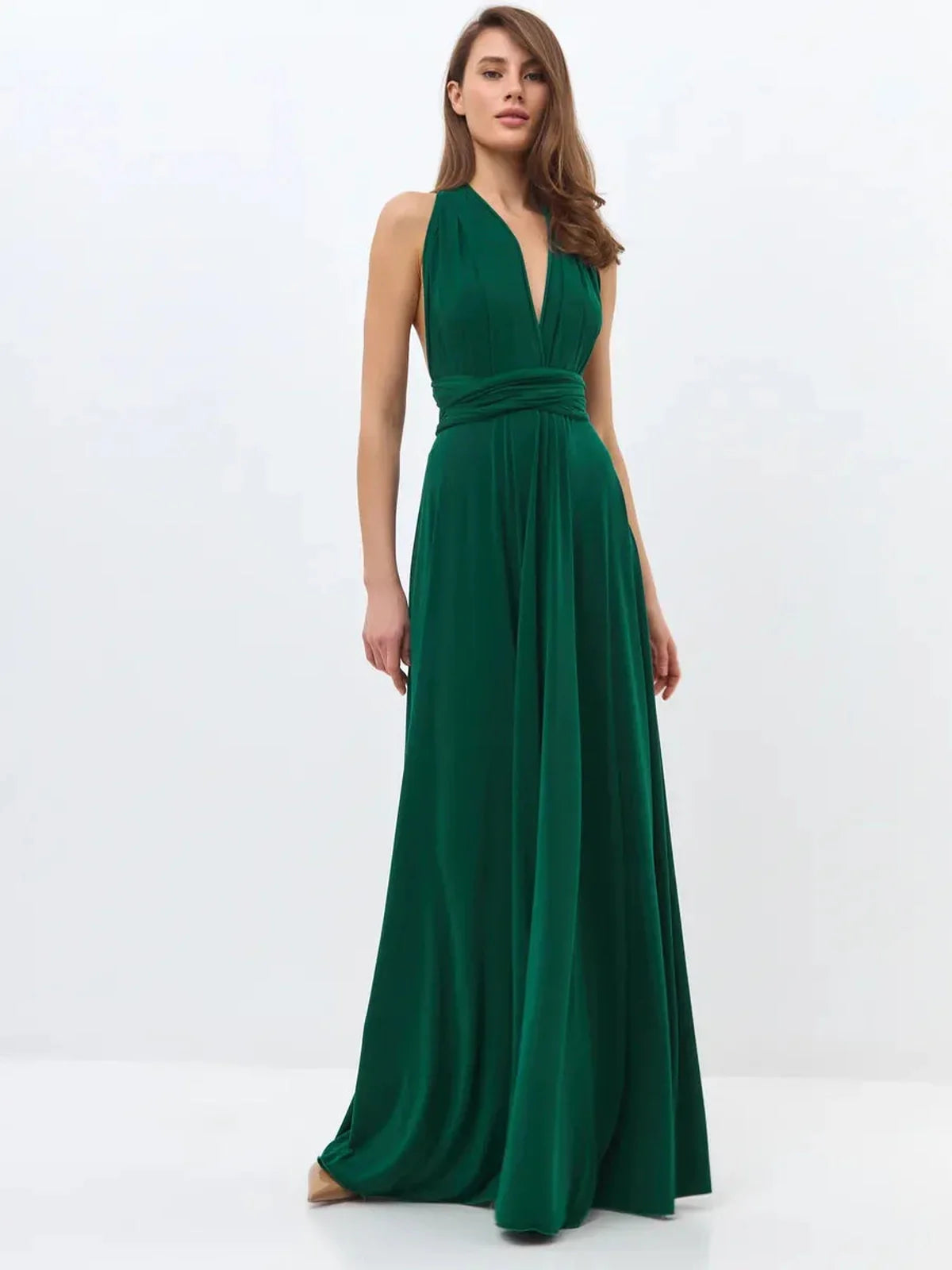 Maxi Dress Empress Drape in dark green, featuring a flowing silhouette and convertible V-neck design.