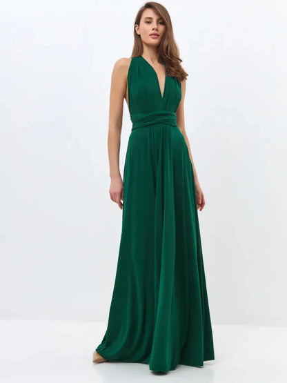 Maxi Dress Empress Drape in dark green, featuring a flowing silhouette and convertible V-neck design.