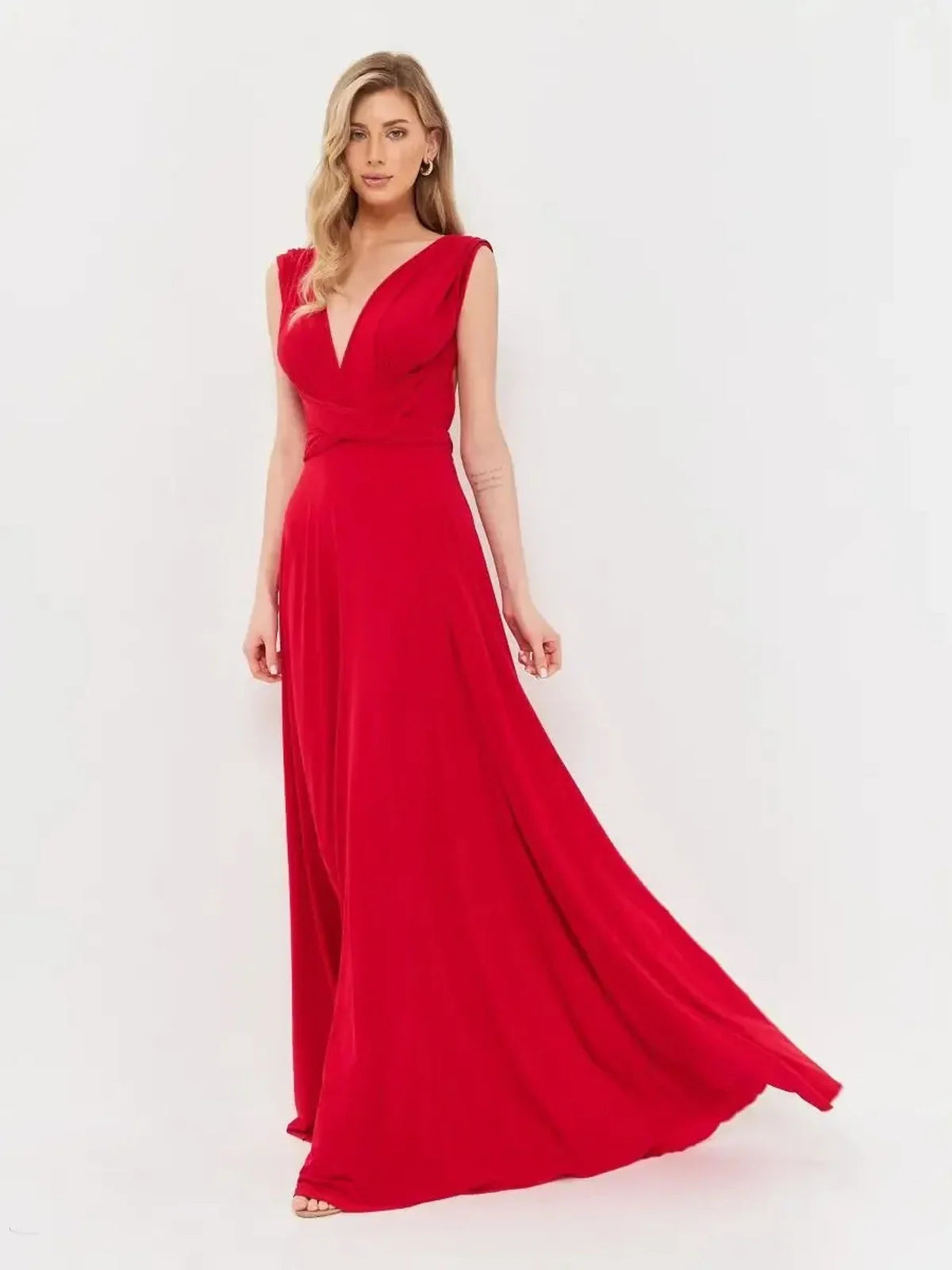 Maxi Dress Flame Muse in bold fire-red with V-neckline and flowing silhouette, showcasing backless design.