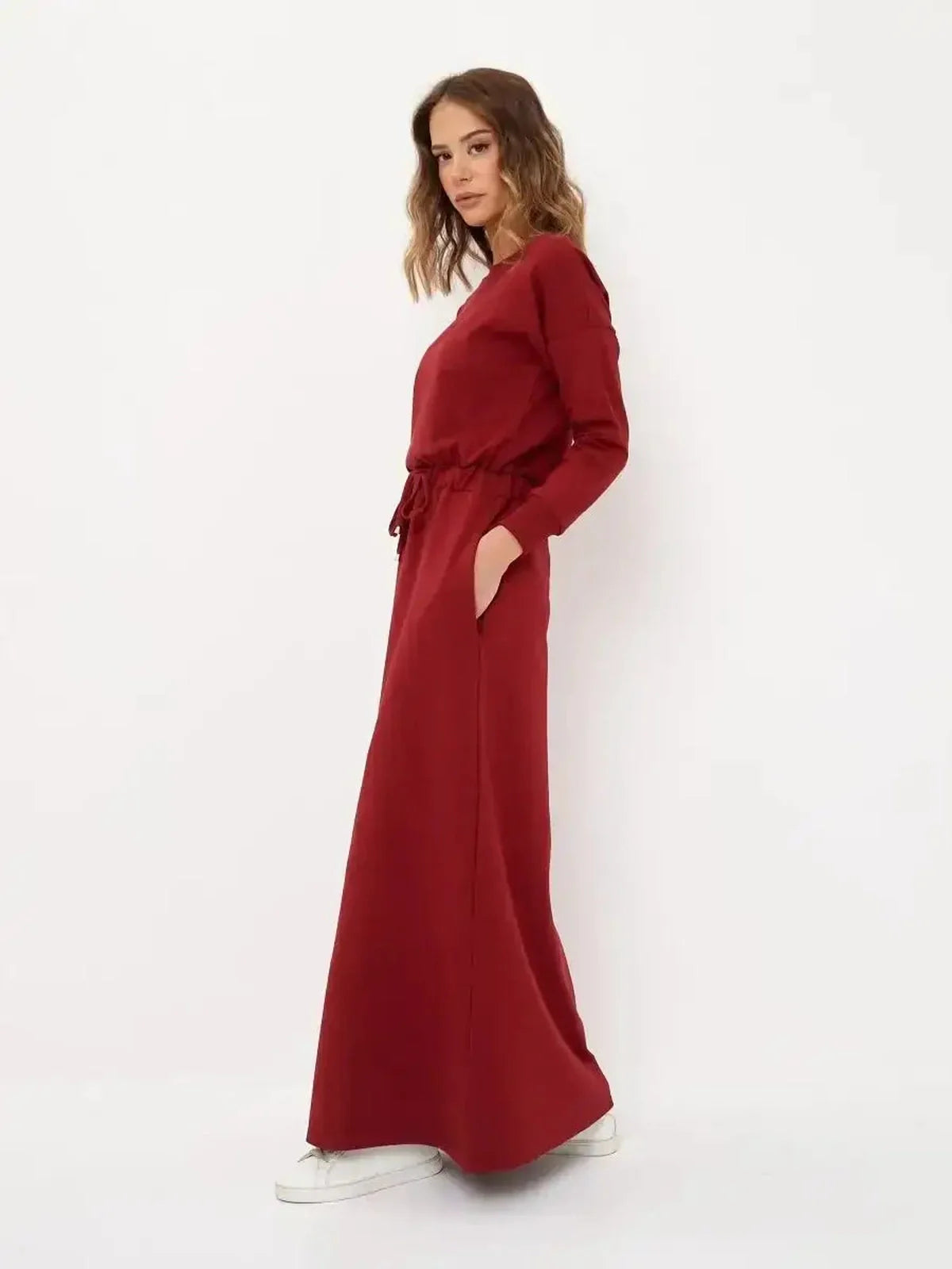 Elegant red maxi dress with long sleeves and drawstring waist, ideal for summer, weddings, and casual chic occasions.