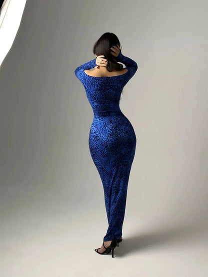 Long sleeve blue leopard print maxi dress showcasing a sleek silhouette from the back, perfect for evening events.