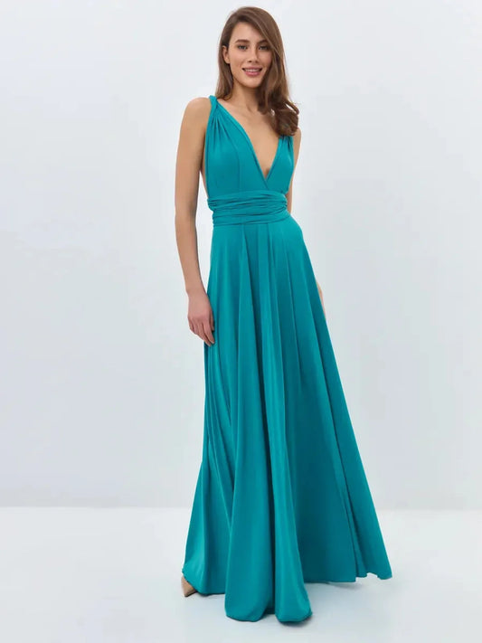 Elegant mint green maxi dress with a V-neckline and convertible tie straps, perfect for summer events.