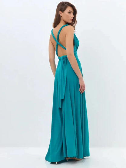 Back view of the Serenity Flow Maxi Dress in mint, featuring stylish tie straps and a flowing silhouette.