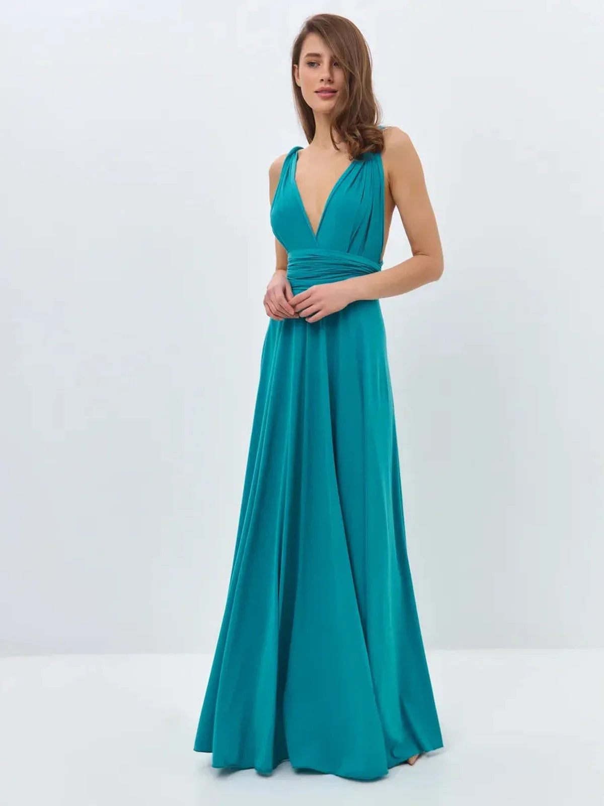 Maxi Dress Serenity Flow in serene mint hue, featuring a V-neckline and tie straps for versatile styling.
