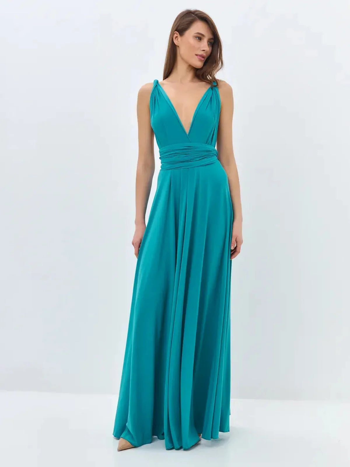 Maxi Dress Serenity Flow in serene teal with V-neckline and convertible tie straps, perfect for elegant events.