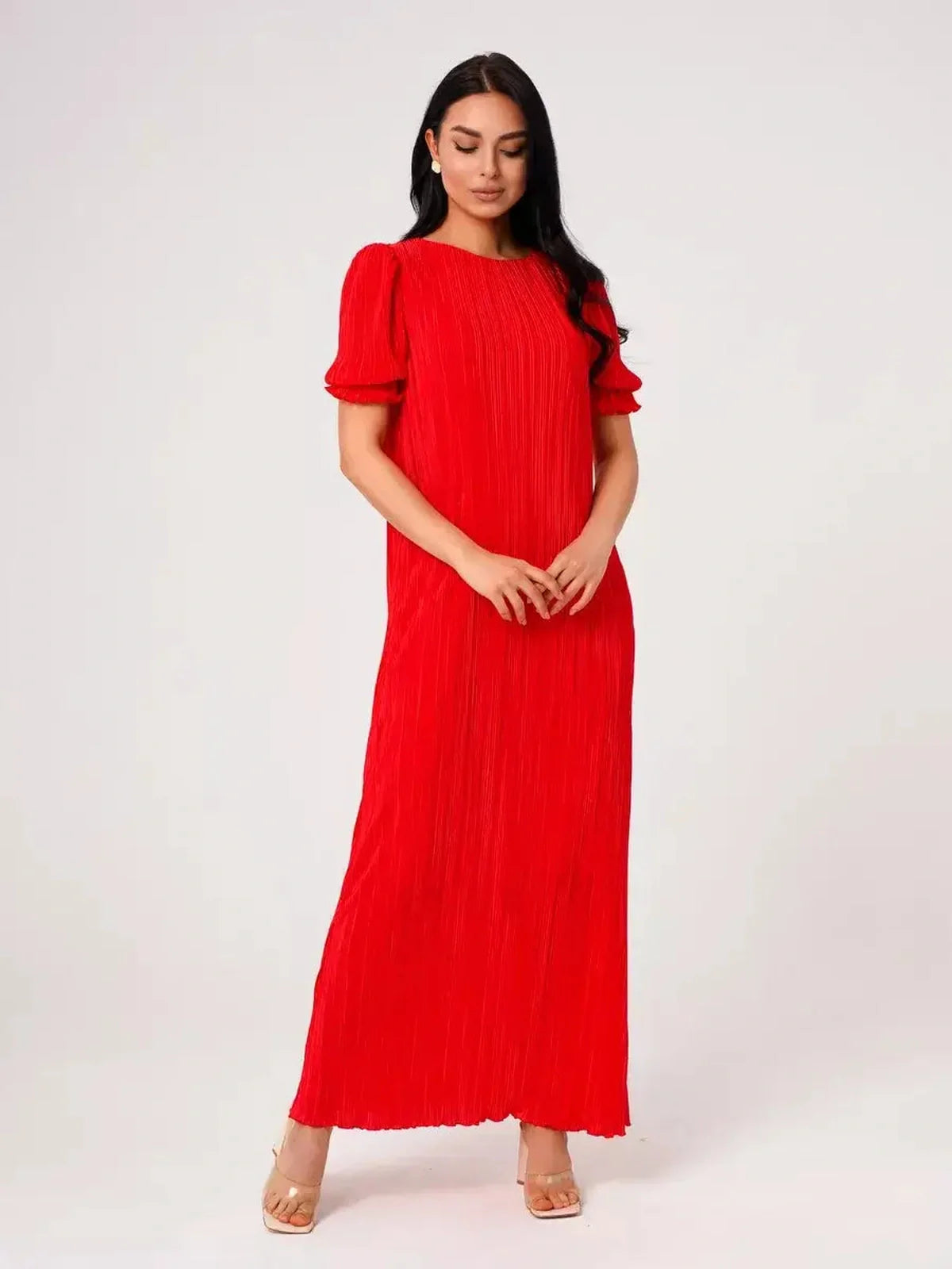Red pleated maxi dress with puff sleeves, perfect for summer events and weddings.