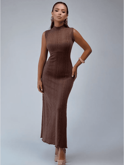 Maxi Dress Terra Cable: textured knit maxi dress with sculpted silhouette and refined mock neckline.