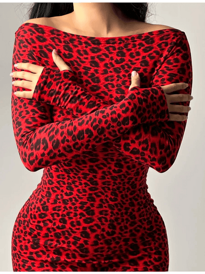 Red leopard print maxi dress featuring an off-shoulder neckline and long sleeves, showcasing a bold and elegant silhouette.