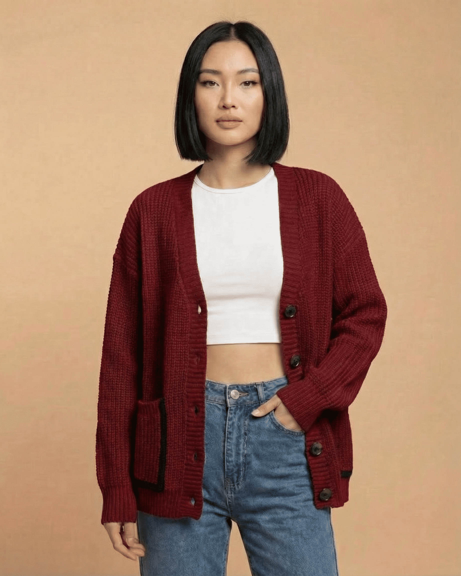 Lauven Merano Cardigan in burgundy with a loose fit and V-neck design, perfect for everyday layering.