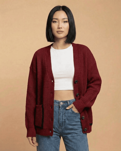Lauven Merano Cardigan in burgundy with a loose fit and V-neck design, perfect for everyday layering.