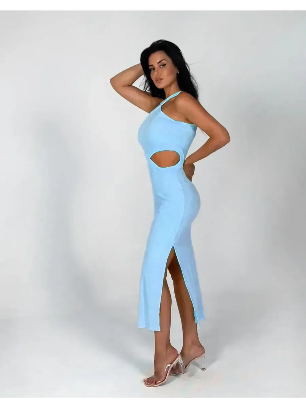 Alluring Midi Dress Azure Charm in ribbed knit, featuring cutouts and a halter neck, perfect for summer or evening wear.