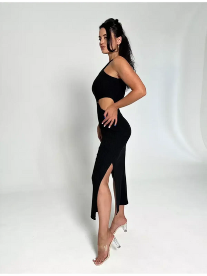 Midnight Allure Midi Dress, showcasing sculpted elegance with a cutout waist and stylish side slit.