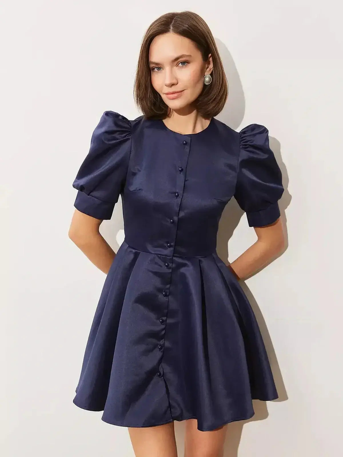 Midnight Bloom Mini Dress featuring puff sleeves and satin finish, perfect for weddings, proms, or formal events.