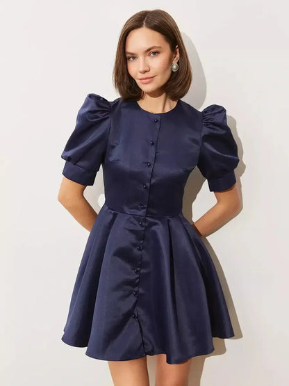 Midnight Bloom Mini Dress featuring puff sleeves and satin finish, perfect for weddings, proms, or formal events.