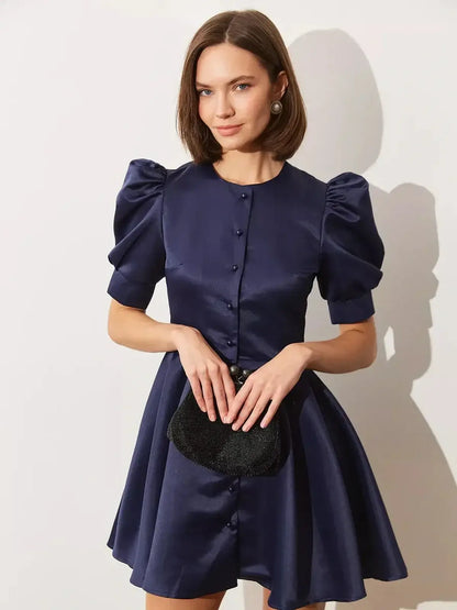 Elegant Midnight Bloom Mini Dress with puff sleeves, satin finish, and flared skirt, ideal for wedding and formal events