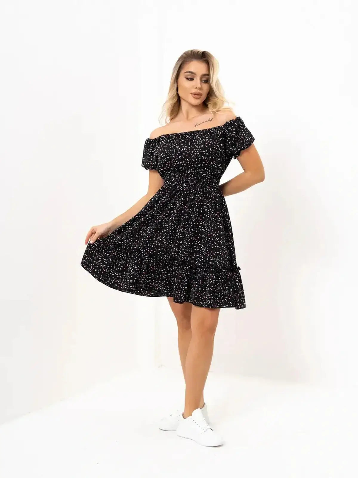 Off-shoulder black dress with floral print, perfect for summer weddings, proms, and casual outings.