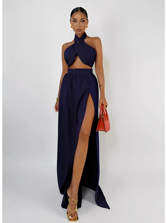 Midnight Halo Set featuring a cutout crop top and high slit maxi skirt, perfect for summer nights and elegant dinners.